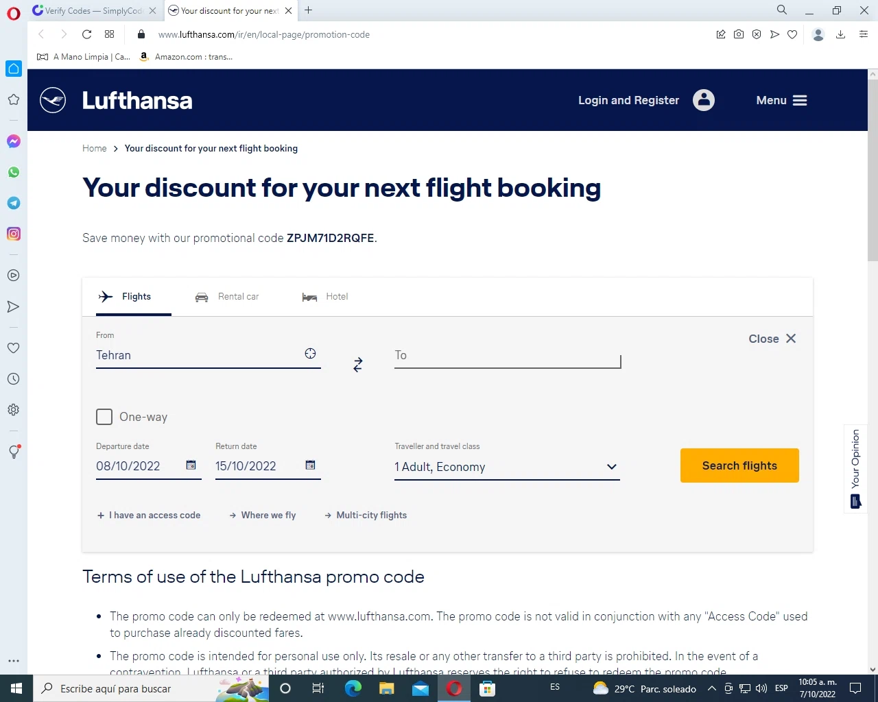 Lufthansa DE checkout page showing Lufthansa DE promo code box | Screenshot taken by SimplyCodes community member on Oct 7, 2022