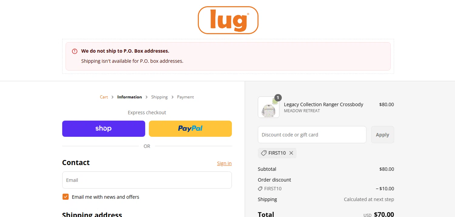 Lug promo code screenshot showing code FIRST10 applied at Lug checkout page. Uploaded by SimplyCodes community member CashAce9852 on Sep 12, 2025