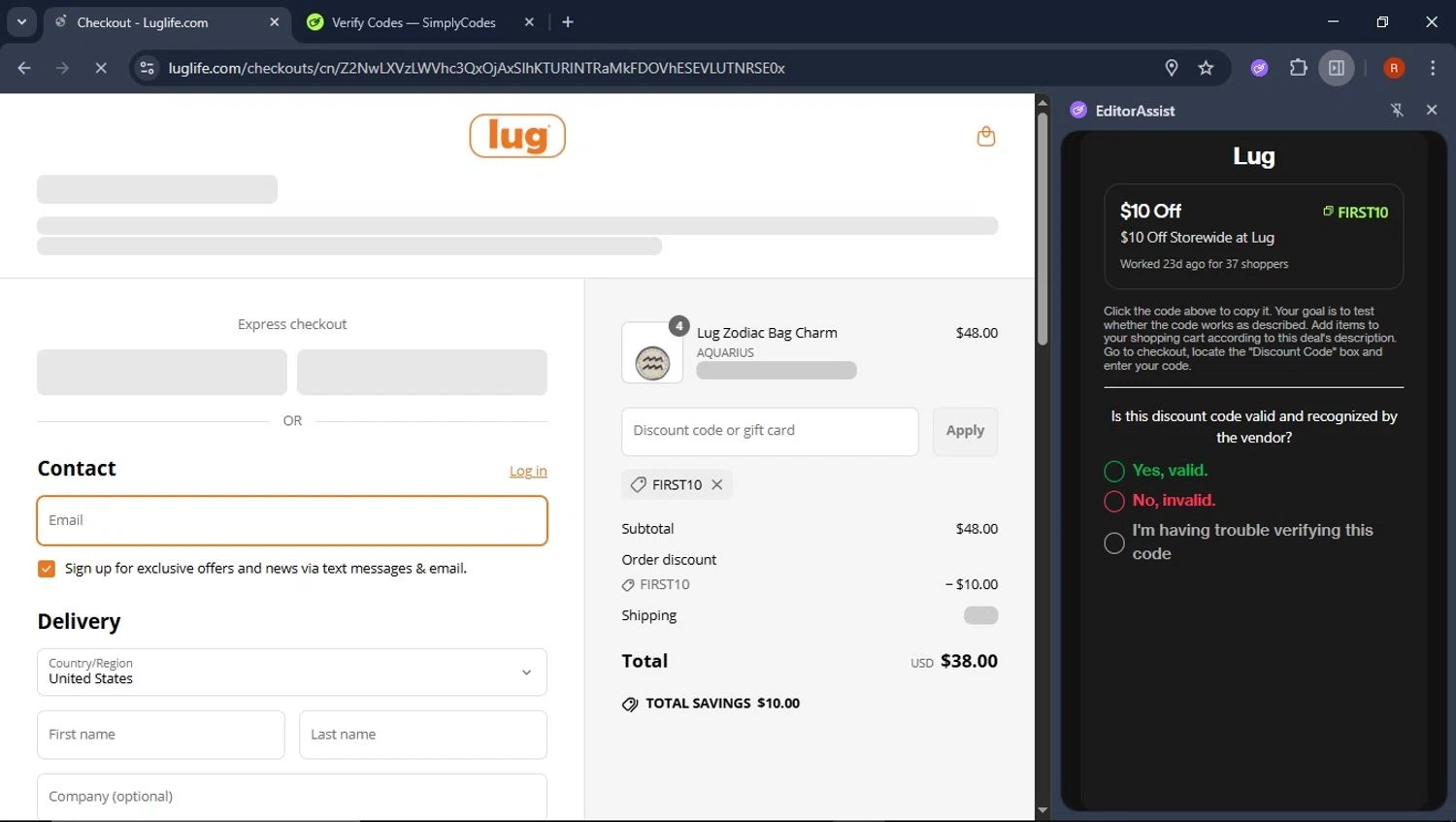 Lug promo code screenshot showing code FIRST10 applied at Lug checkout page. Uploaded by SimplyCodes community member CoinPro7401 on Jun 12, 2025