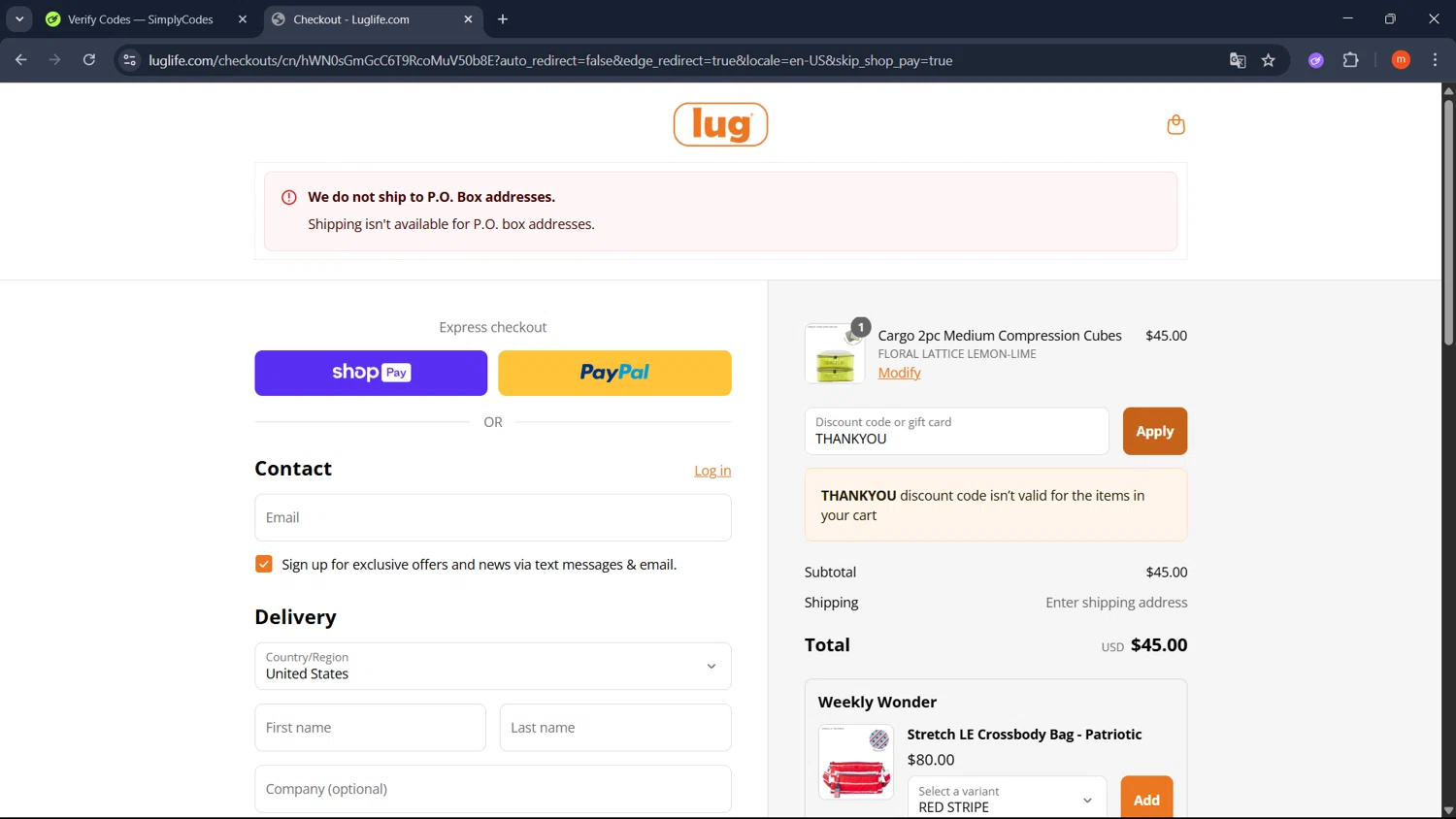 Lug promo code screenshot showing code THANKYOU applied at Lug checkout page. Uploaded by SimplyCodes community member PromoMonarch895 on Jul 21, 2025