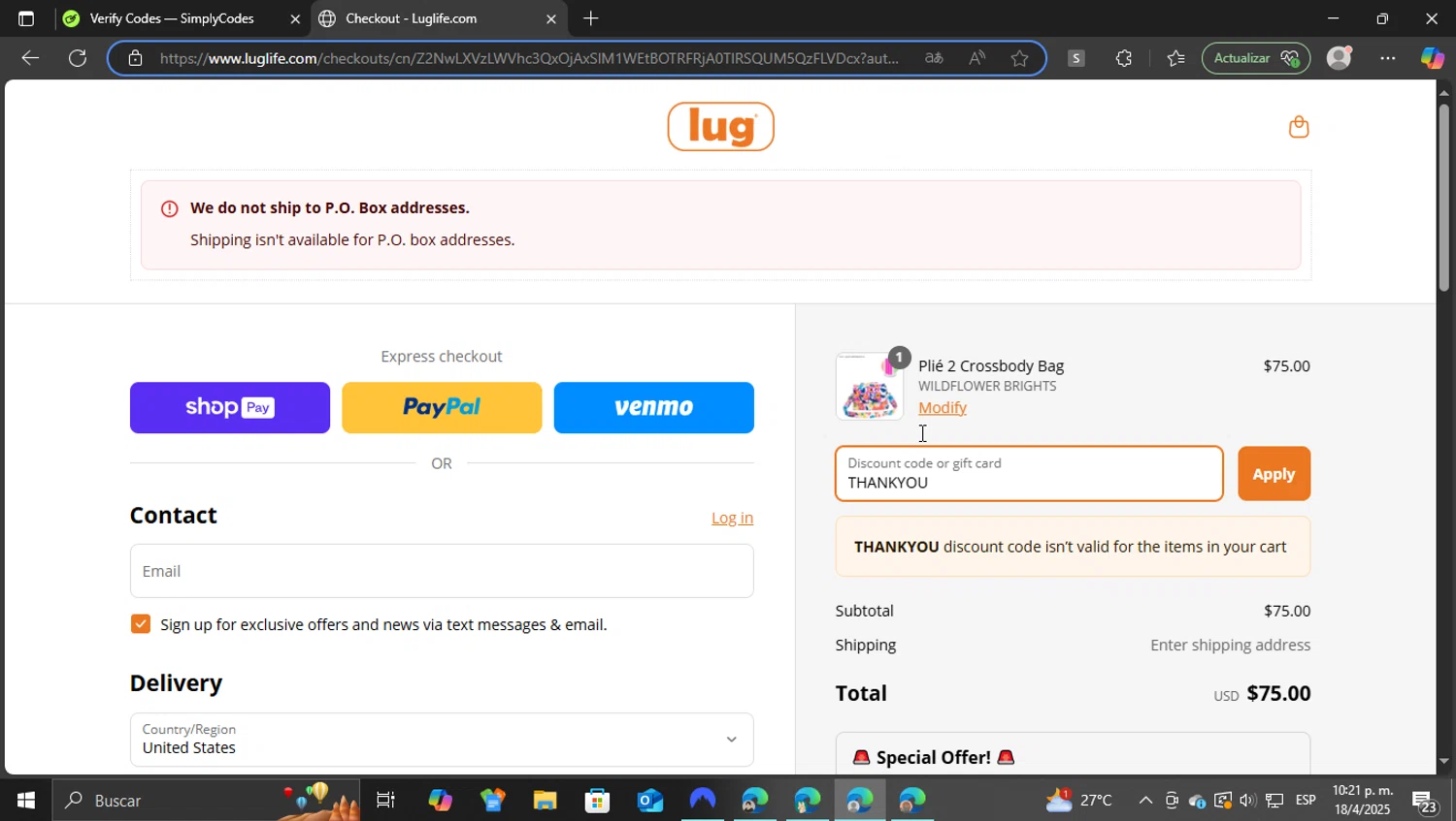 Lug promo code screenshot showing code THANKYOU applied at Lug checkout page. Uploaded by SimplyCodes community member vasijadeaceite on Apr 19, 2025