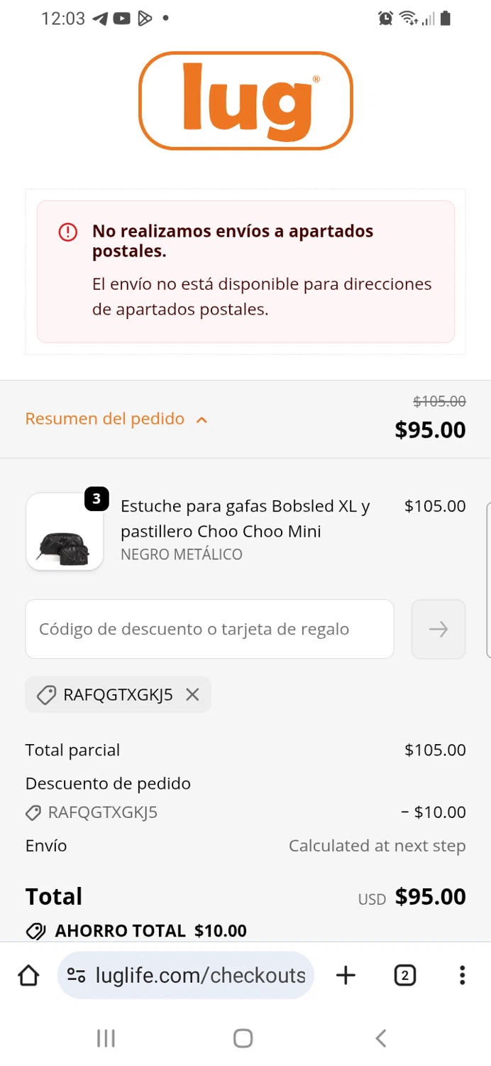 Lug promo code screenshot showing code RAFQGTXGKJ5 applied at Lug checkout page. Uploaded by SimplyCodes community member RewardLynx9164 on Oct 12, 2025