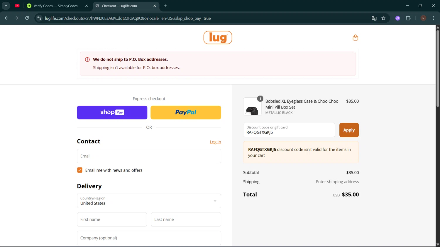 Lug promo code screenshot showing code RAFQGTXGKJ5 applied at Lug checkout page. Uploaded by SimplyCodes community member ShrewdPro2243 on Aug 20, 2025
