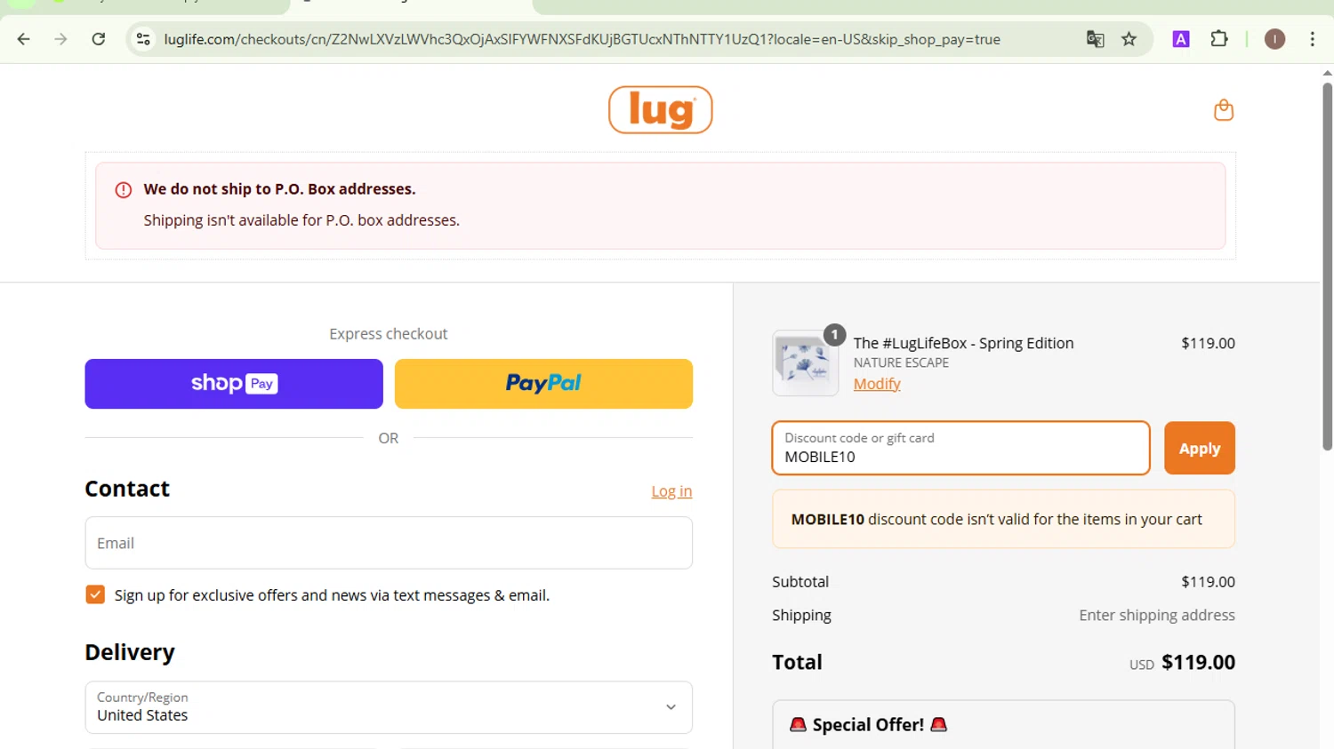 Lug promo code screenshot showing code MOBILE10 applied at Lug checkout page. Uploaded by SimplyCodes community member EpicKnight6740 on Apr 3, 2025