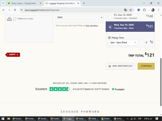 Luggage Forward checkout page showing Luggage Forward promo code box | Screenshot taken by SimplyCodes community member on Aug 27, 2025