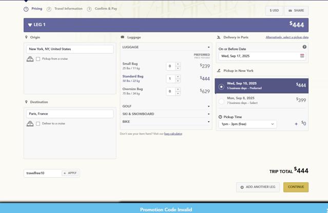 Luggage Forward checkout page showing Luggage Forward promo code box | Screenshot taken by SimplyCodes community member on Aug 27, 2025