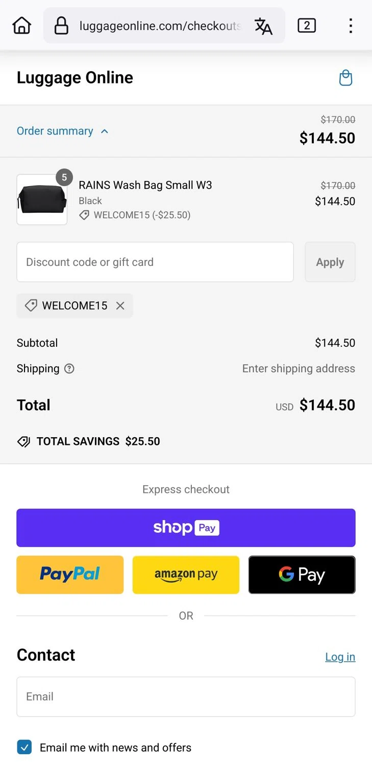 Luggage Online discount code screenshot showing code WELCOME15 applied at Luggage Online checkout page. Uploaded by SimplyCodes community member xxdddd on Jan 30, 2025