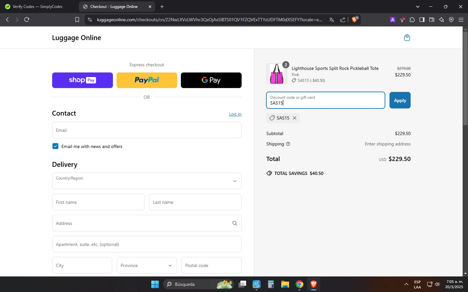 Luggage Online discount code screenshot showing code SAS15 applied at Luggage Online checkout page. Uploaded by SimplyCodes community member MonkyDLuffy on Mar 20, 2025