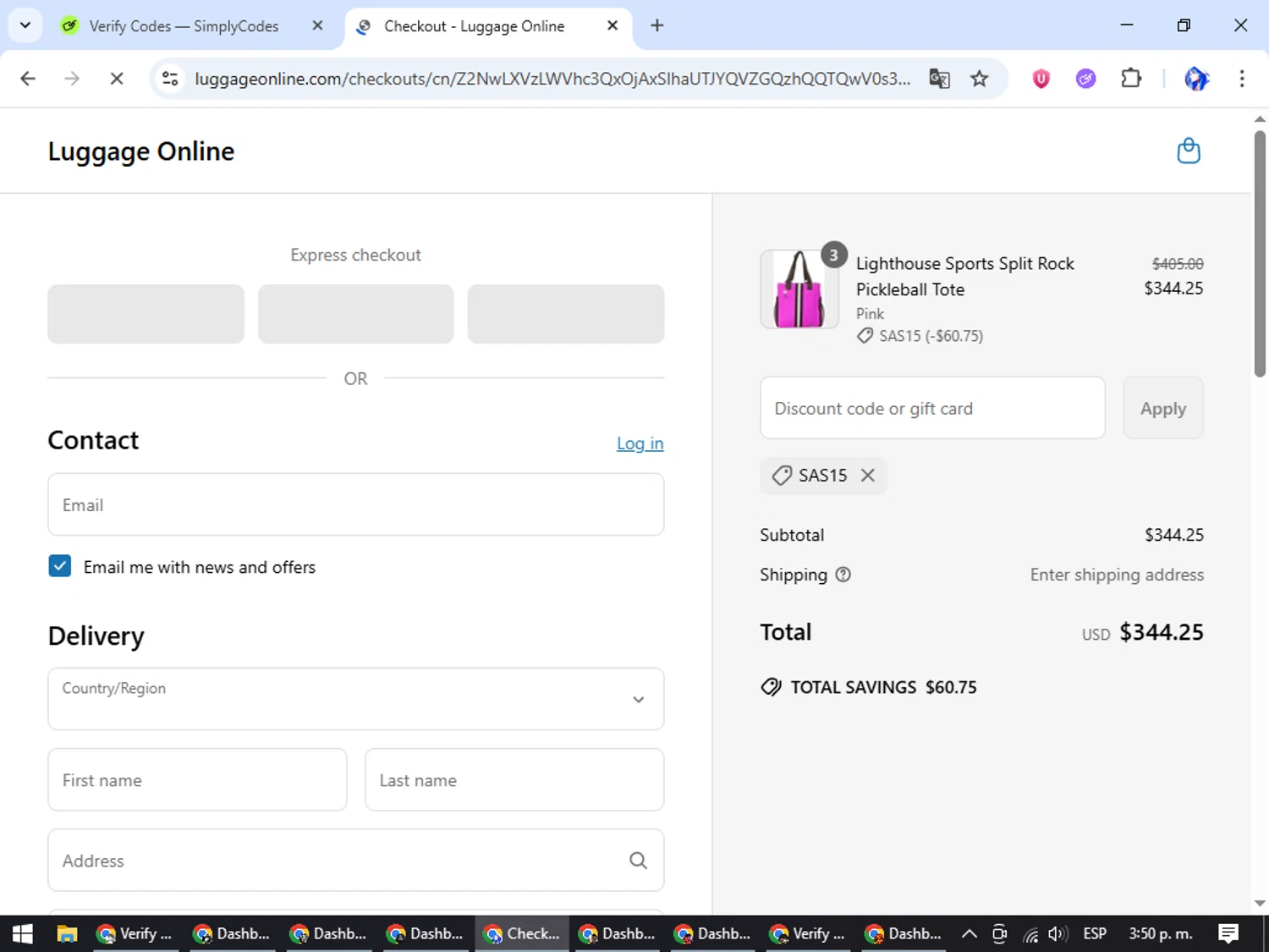 Luggage Online discount code screenshot showing code SAS15 applied at Luggage Online checkout page. Uploaded by SimplyCodes community member WiseHunter8213 on Jun 17, 2025