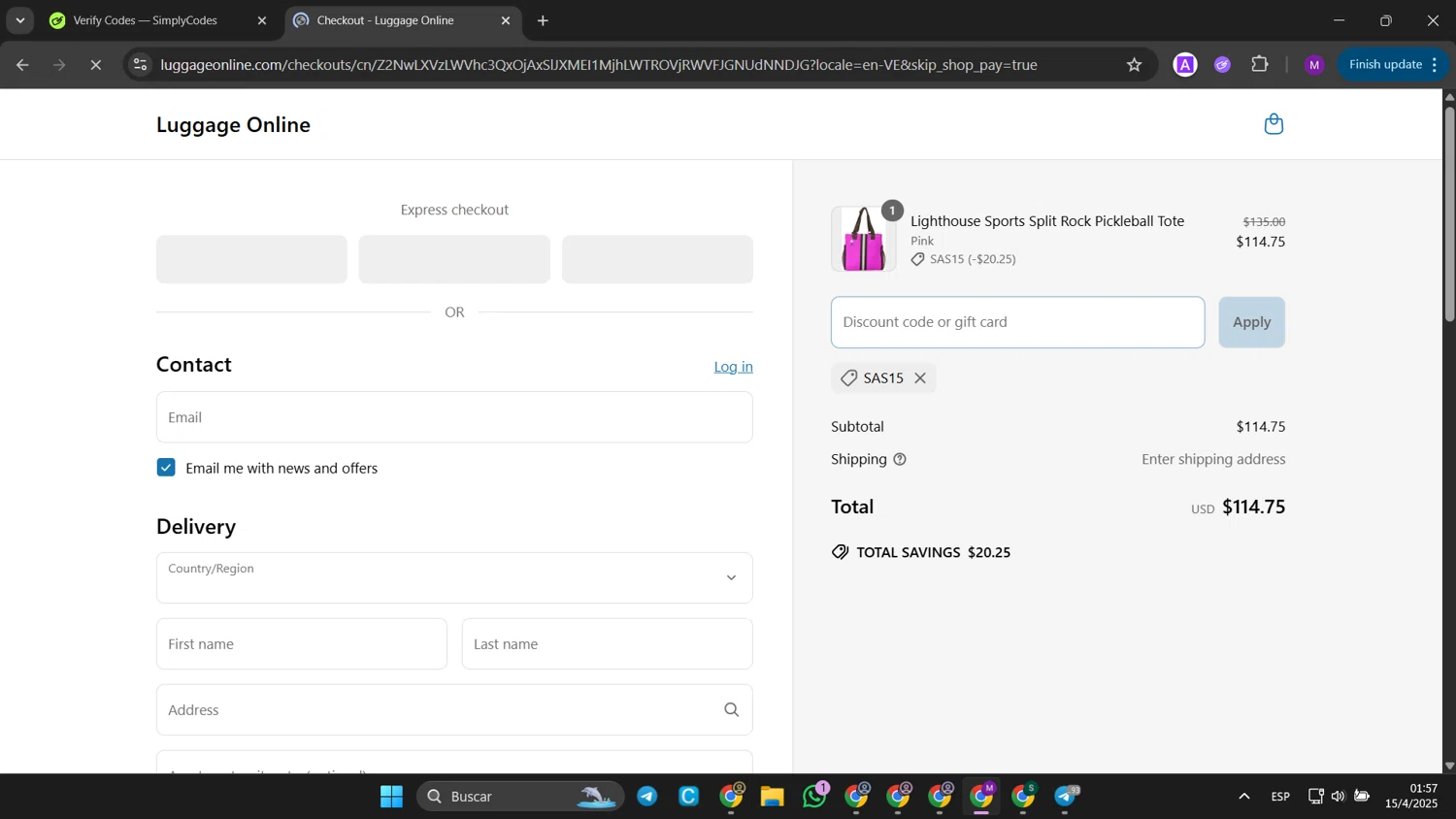 Luggage Online discount code screenshot showing code SAS15 applied at Luggage Online checkout page. Uploaded by SimplyCodes community member jinwoo on Apr 15, 2025