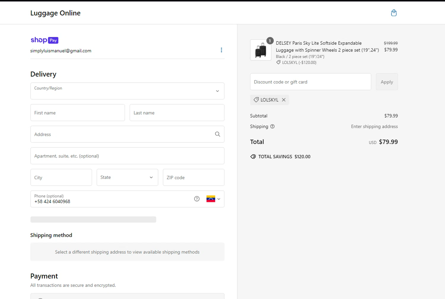 Luggage Online discount code screenshot showing code LOLSKYL applied at Luggage Online checkout page. Uploaded by SimplyCodes community member MoneyScout2554 on Feb 23, 2025