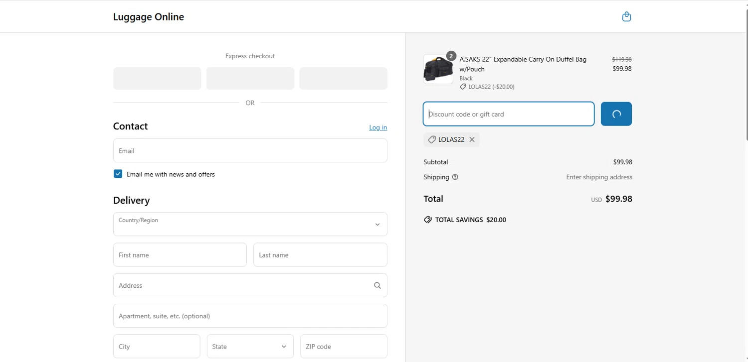Luggage Online discount code screenshot showing code LOLAS22 applied at Luggage Online checkout page. Uploaded by SimplyCodes community member dimitriv on Apr 15, 2025