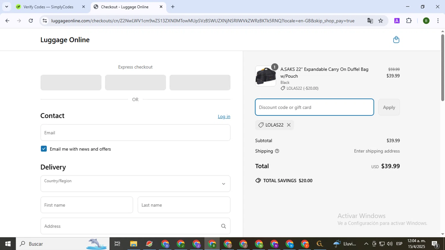 Luggage Online discount code screenshot showing code LOLAS22 applied at Luggage Online checkout page. Uploaded by SimplyCodes community member SaleVirtuoso5993 on Apr 15, 2025