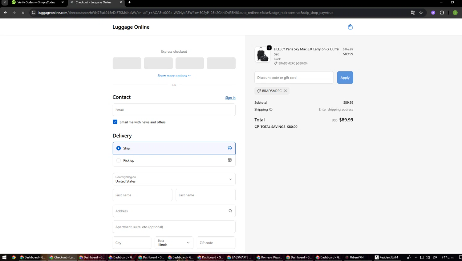 Luggage Online checkout page showing Luggage Online discount code box | Screenshot taken by SimplyCodes community member on Jan 10, 2026