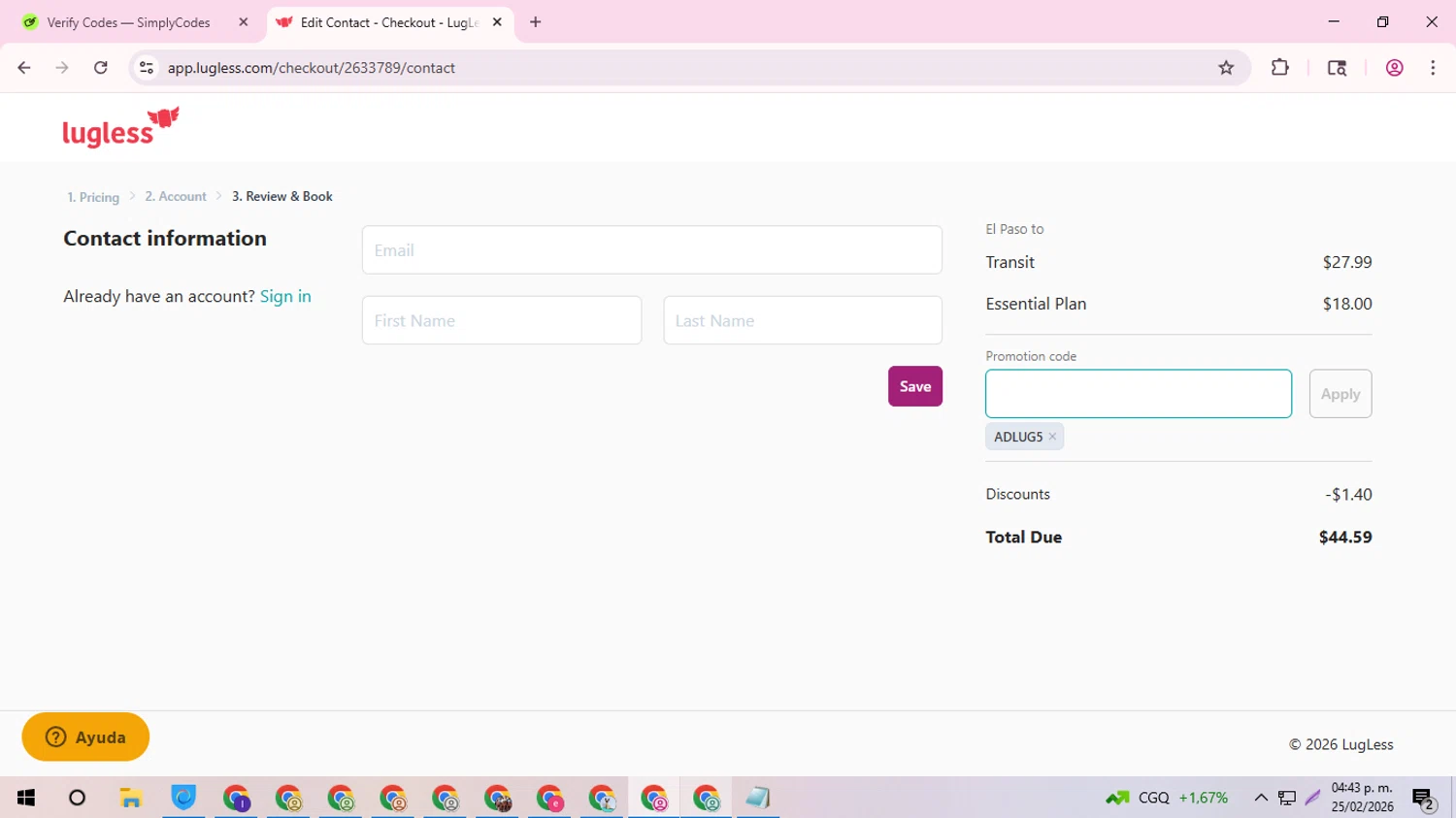LugLess promo code screenshot showing code ADLUG5 applied at LugLess checkout page. Uploaded by SimplyCodes community member Ingeniero on Feb 25, 2026
