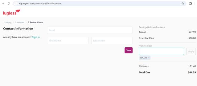 LugLess checkout page showing LugLess promo code box | Screenshot taken by SimplyCodes community member on Jul 1, 2025