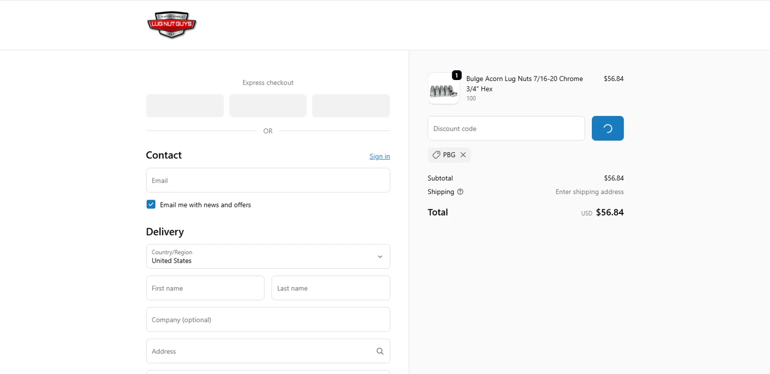 Lug Nut Guys promo code screenshot showing code PBG applied at Lug Nut Guys checkout page. Uploaded by SimplyCodes community member MagnifiHero3476 on Jan 11, 2026