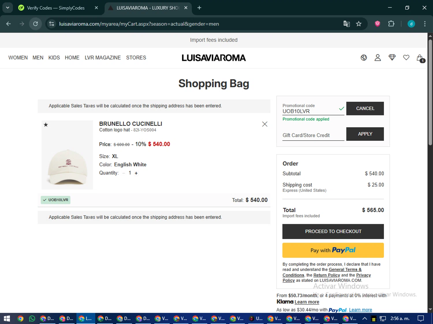 Luisa Via Roma discount code screenshot showing code UOB10LVR applied at Luisa Via Roma checkout page. Uploaded by SimplyCodes community member CodeMaverick5767 on Sep 25, 2025