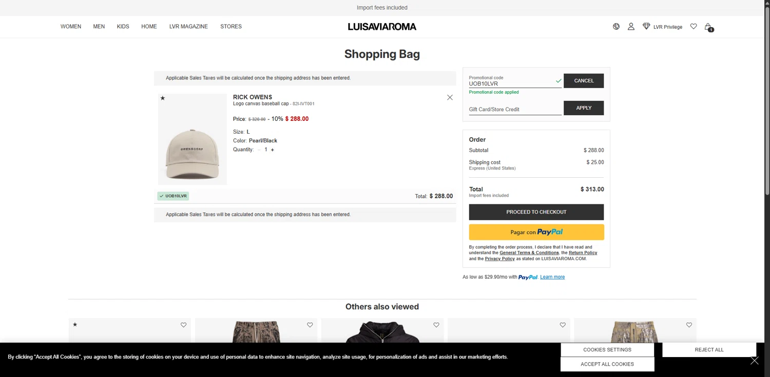 Luisa Via Roma discount code screenshot showing code UOB10LVR applied at Luisa Via Roma checkout page. Uploaded by SimplyCodes community member ScanSpotter1700 on Oct 22, 2025
