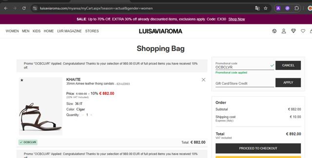 Luisa Via Roma checkout page showing Luisa Via Roma discount code box | Screenshot taken by SimplyCodes community member on Jul 23, 2025