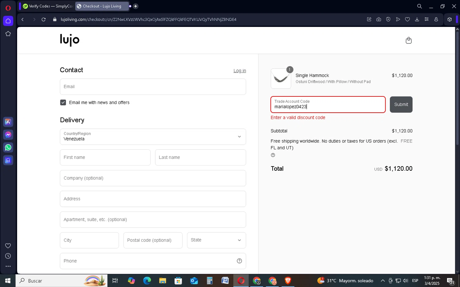 Lujo Living promo code screenshot showing code marialopez0423 applied at Lujo Living checkout page. Uploaded by SimplyCodes community member SavingsSentinel833 on Apr 3, 2025