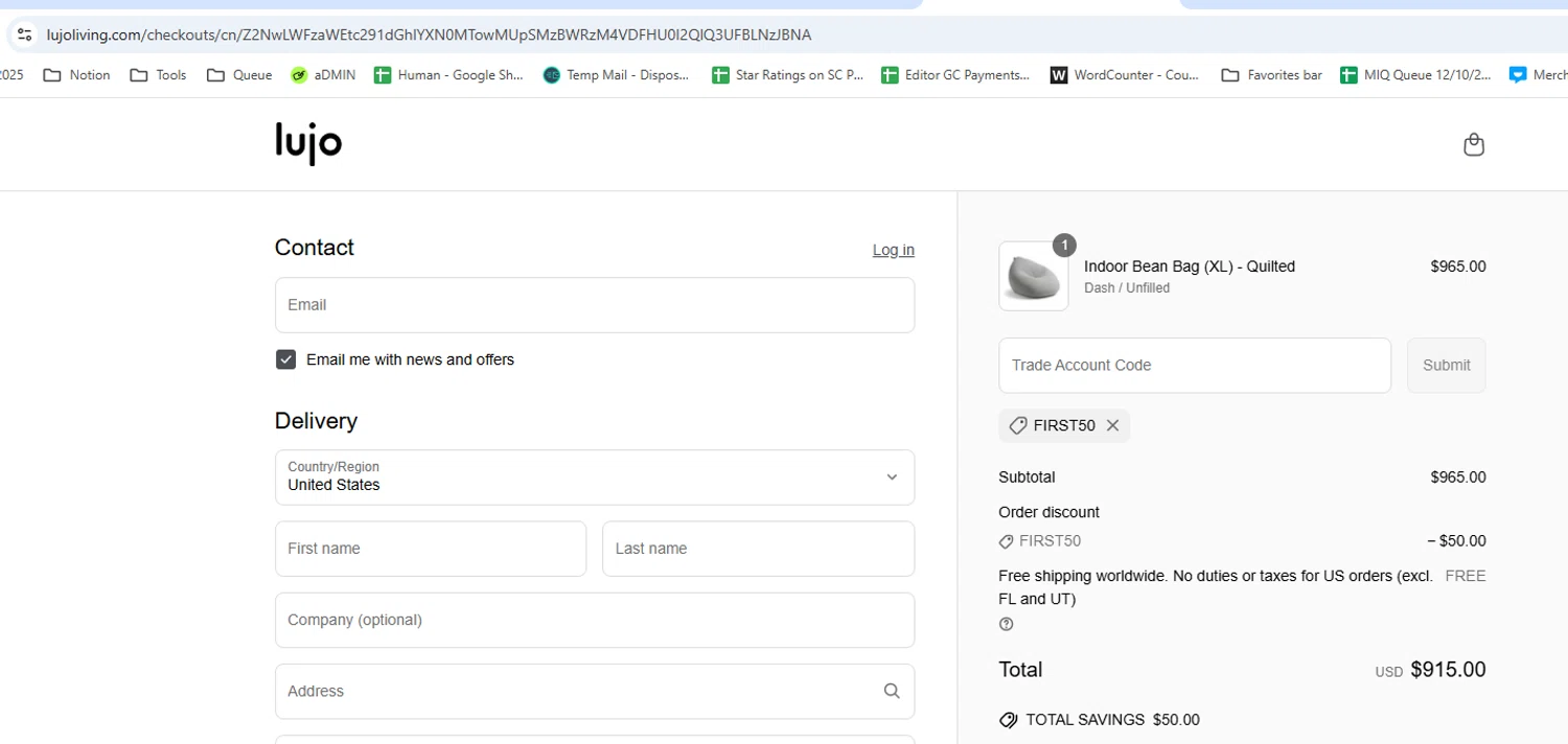 Lujo Living promo code screenshot showing code FIRST50 applied at Lujo Living checkout page. Uploaded by SimplyCodes community member PopomsPapa on Apr 5, 2025