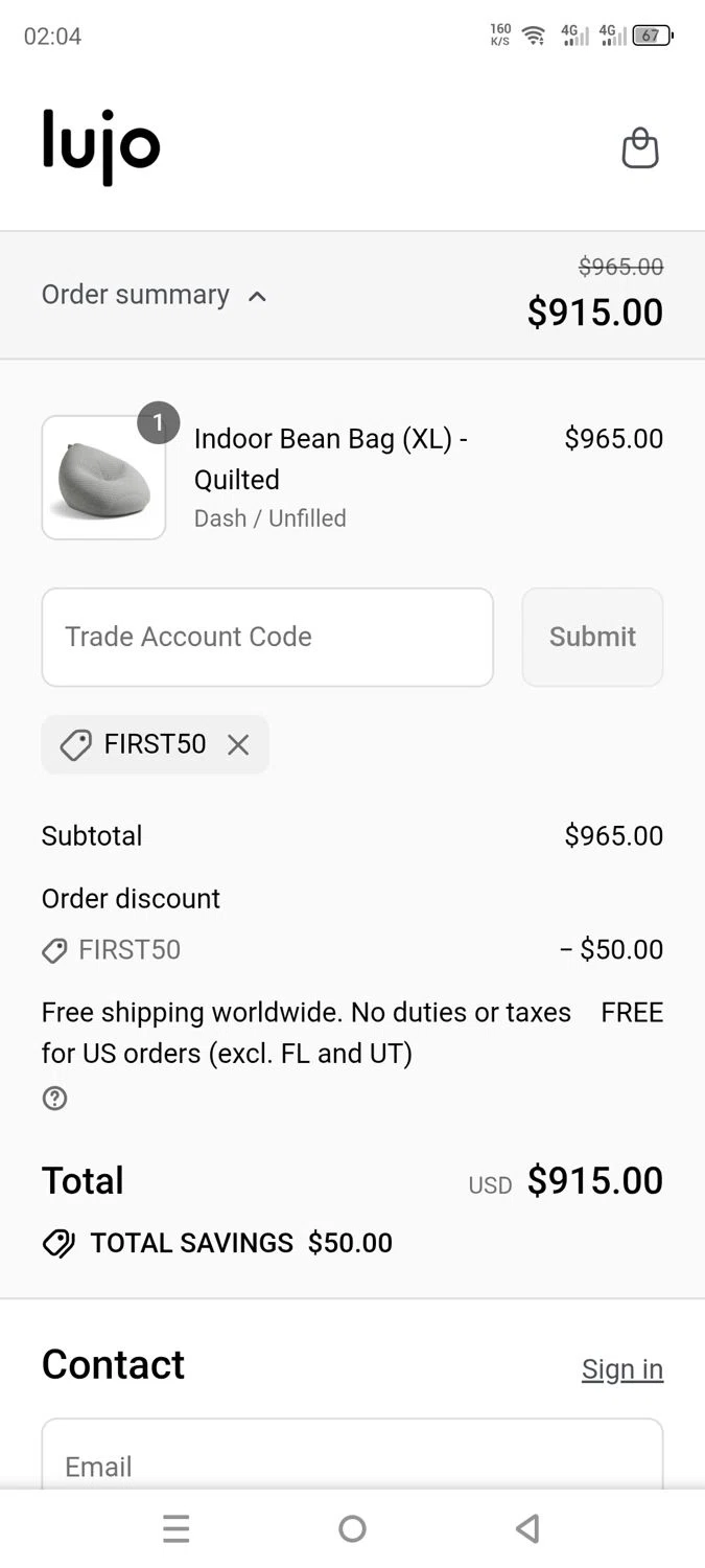 Lujo Living promo code screenshot showing code FIRST50 applied at Lujo Living checkout page. Uploaded by SimplyCodes community member dayselis15 on Sep 15, 2025