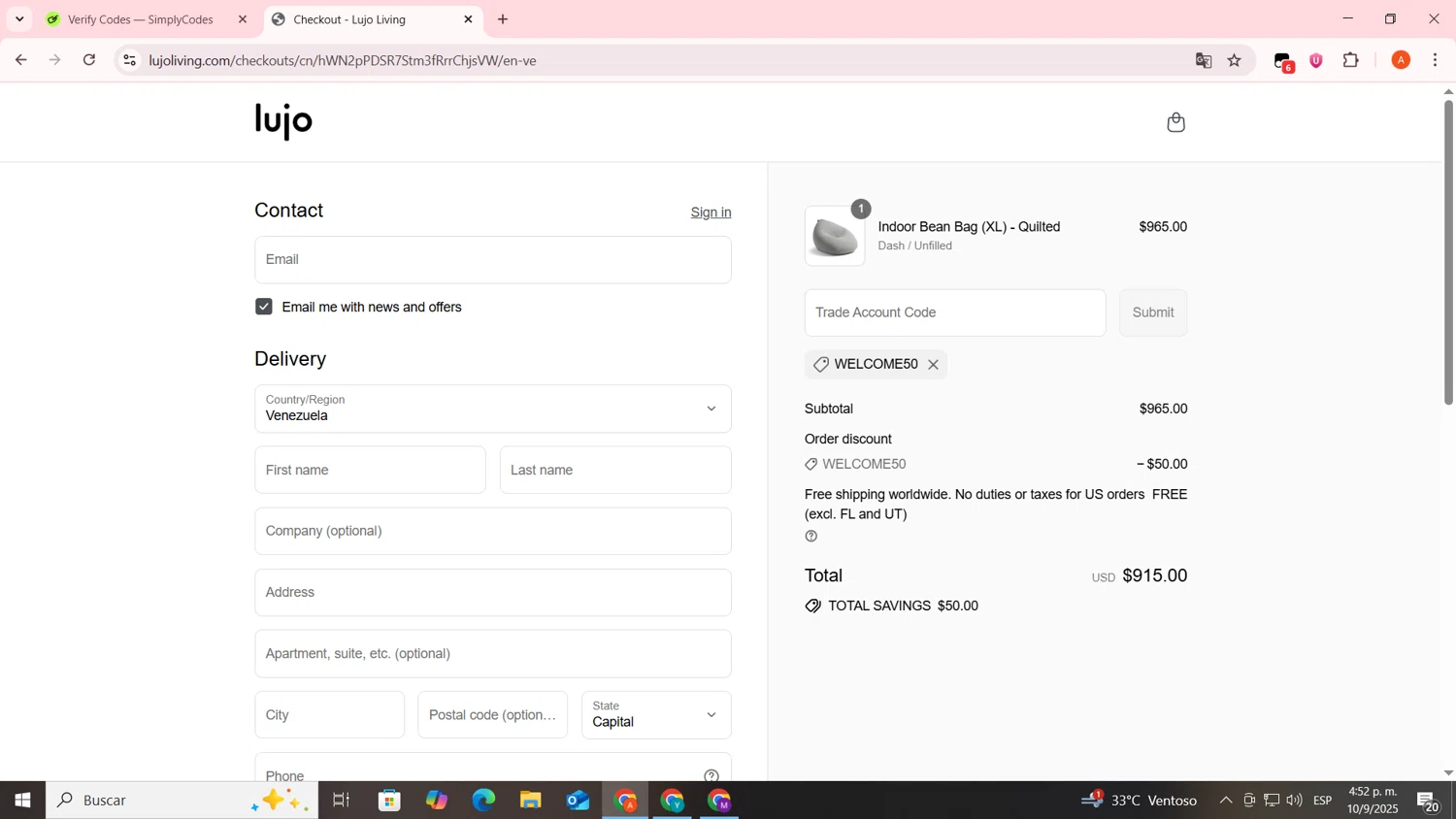 Lujo Living promo code screenshot showing code WELCOME50 applied at Lujo Living checkout page. Uploaded by SimplyCodes community member FrugalSentinel6206 on Sep 10, 2025