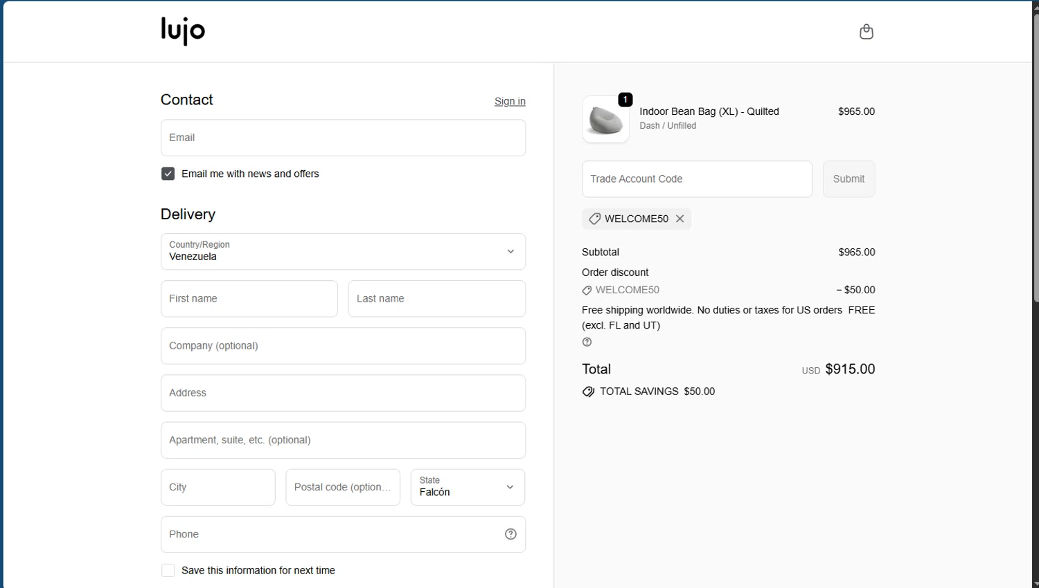 Lujo Living promo code screenshot showing code WELCOME50 applied at Lujo Living checkout page. Uploaded by SimplyCodes community member TokioMiller on Dec 21, 2025