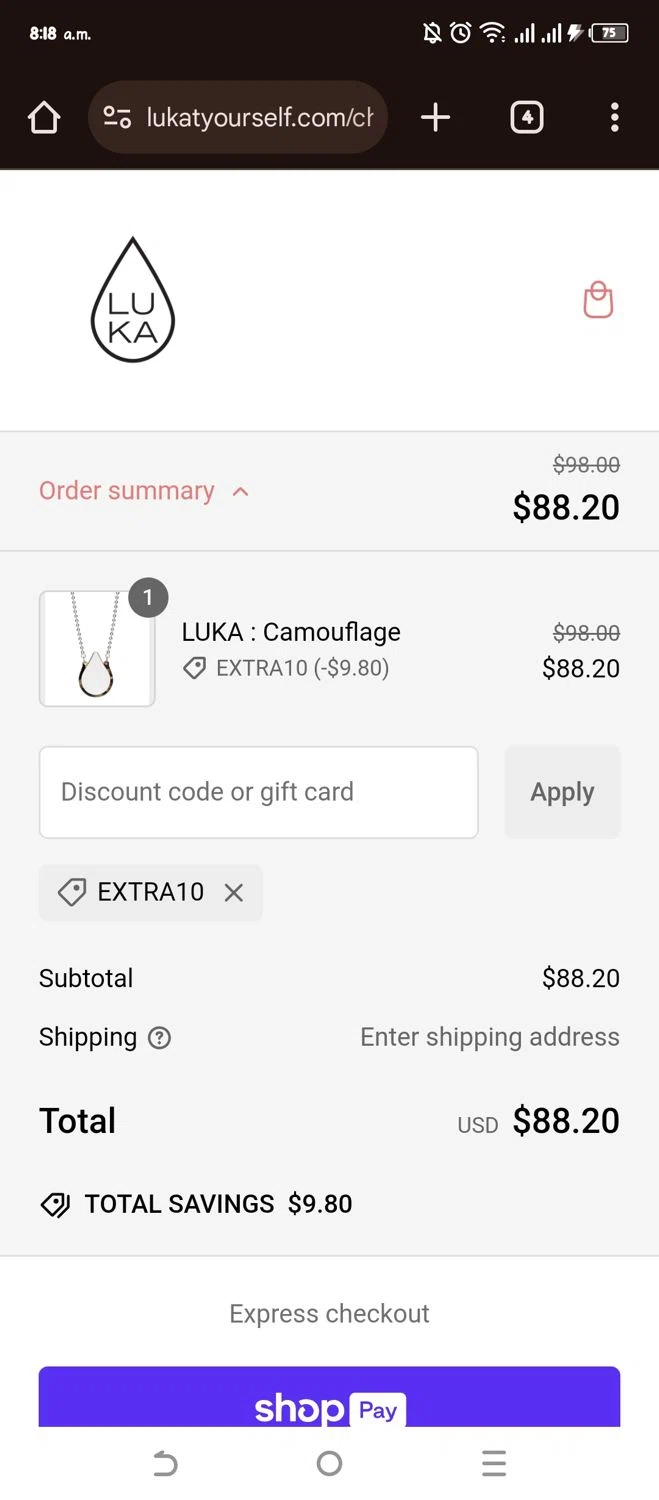 Luka promo code screenshot showing code Extra10 applied at Luka checkout page. Uploaded by SimplyCodes community member WonderW on Jan 24, 2025
