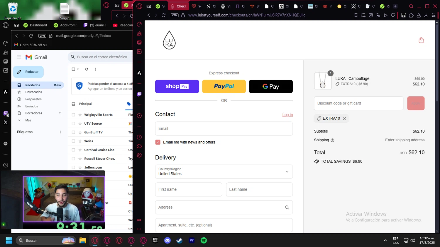 Luka promo code screenshot showing code Extra10 applied at Luka checkout page. Uploaded by SimplyCodes community member Billyyou on Aug 17, 2025