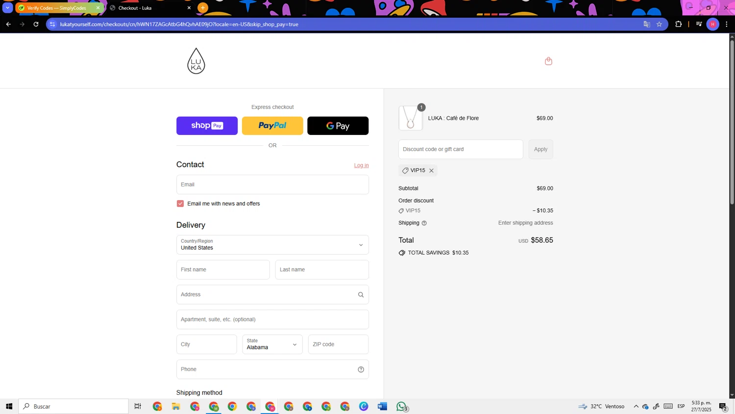 Luka promo code screenshot showing code VIP15 applied at Luka checkout page. Uploaded by SimplyCodes community member TokenSleuth5758 on Jul 27, 2025