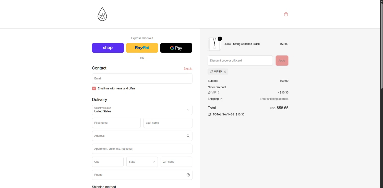 Luka promo code screenshot showing code VIP15 applied at Luka checkout page. Uploaded by SimplyCodes community member ValueGenius9720 on Sep 29, 2025