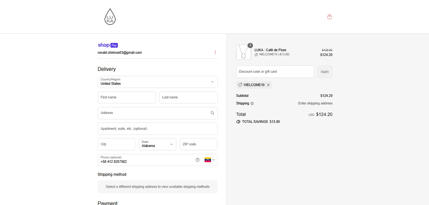 Luka promo code screenshot showing code WELCOME10 applied at Luka checkout page. Uploaded by SimplyCodes community member CodeExpert7814 on Jul 4, 2025
