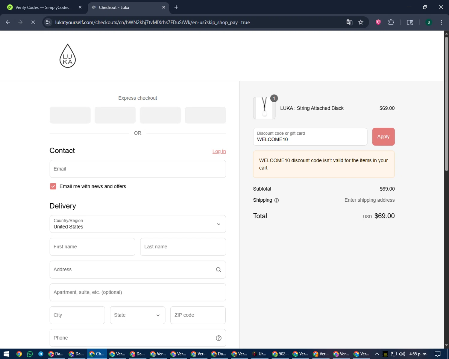 Luka promo code screenshot showing code WELCOME10 applied at Luka checkout page. Uploaded by SimplyCodes community member lilMosey on Sep 8, 2025