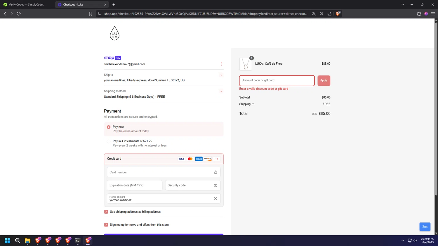 Luka promo code screenshot showing code COLD20 applied at Luka checkout page. Uploaded by SimplyCodes community member SALCHICHA on Apr 9, 2025
