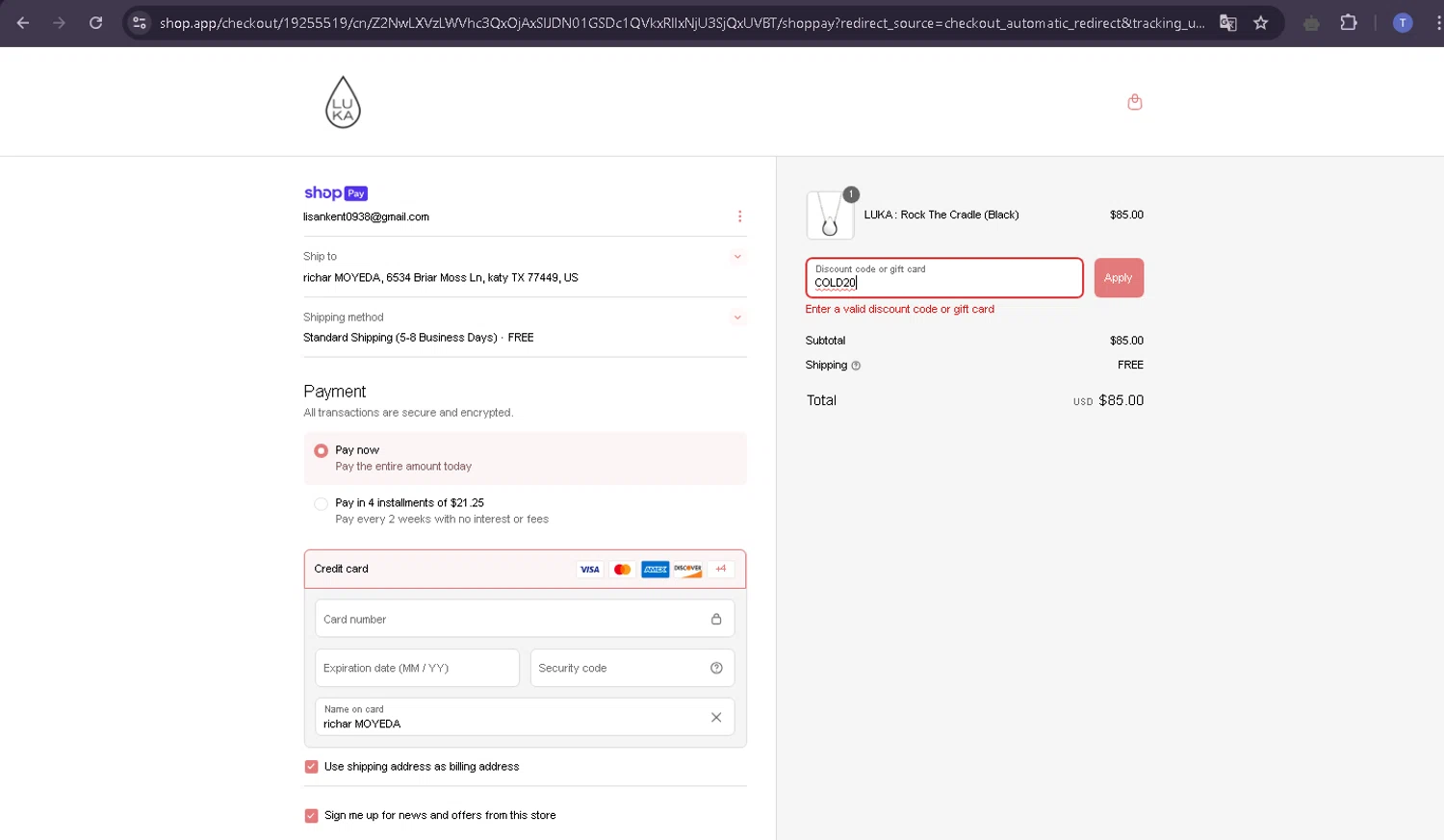 Luka promo code screenshot showing code COLD20 applied at Luka checkout page. Uploaded by SimplyCodes community member TRIBUENO on Apr 9, 2025