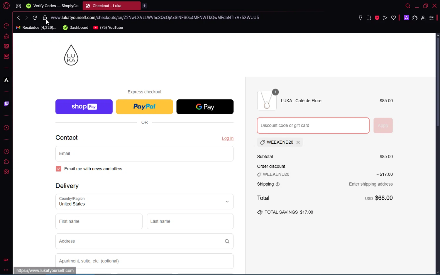 Luka promo code screenshot showing code WEEKEND20 applied at Luka checkout page. Uploaded by SimplyCodes community member VoucherAce8469 on Apr 22, 2025