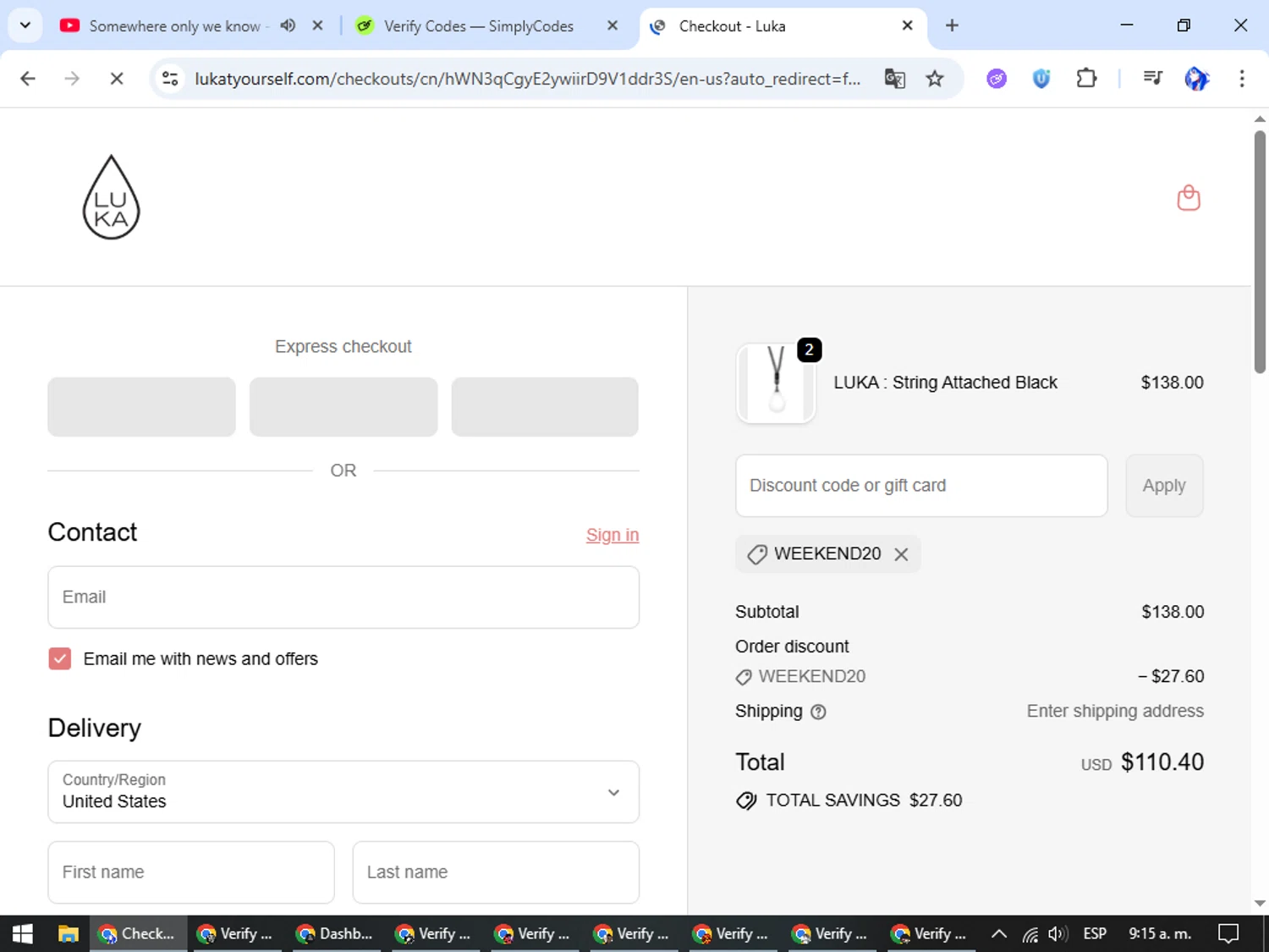 Luka promo code screenshot showing code WEEKEND20 applied at Luka checkout page. Uploaded by SimplyCodes community member WiseHunter8213 on Oct 7, 2025