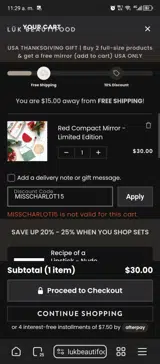 MISSCHARLOT15 coupon verification screenshot