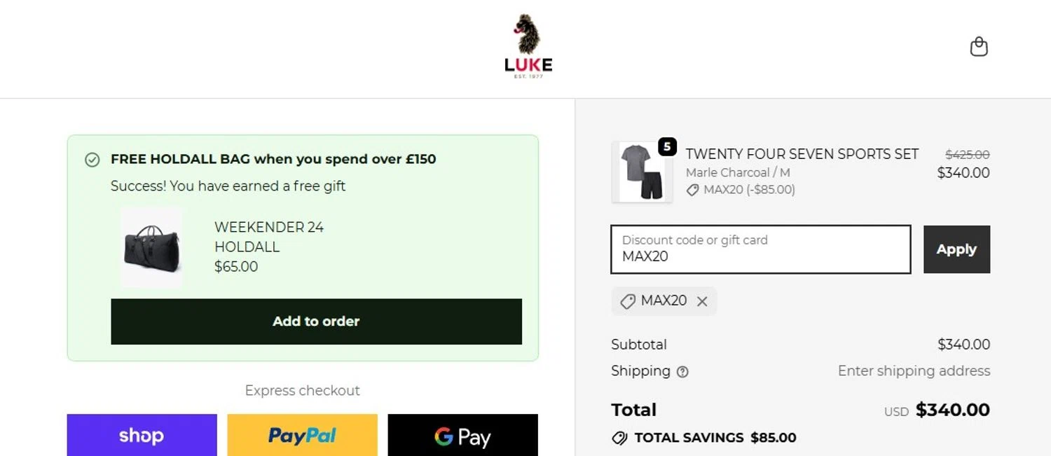 Luke 1977 discount code screenshot showing code MAX20 applied at Luke 1977 checkout page. Uploaded by SimplyCodes community member victorchacon on Nov 9, 2025