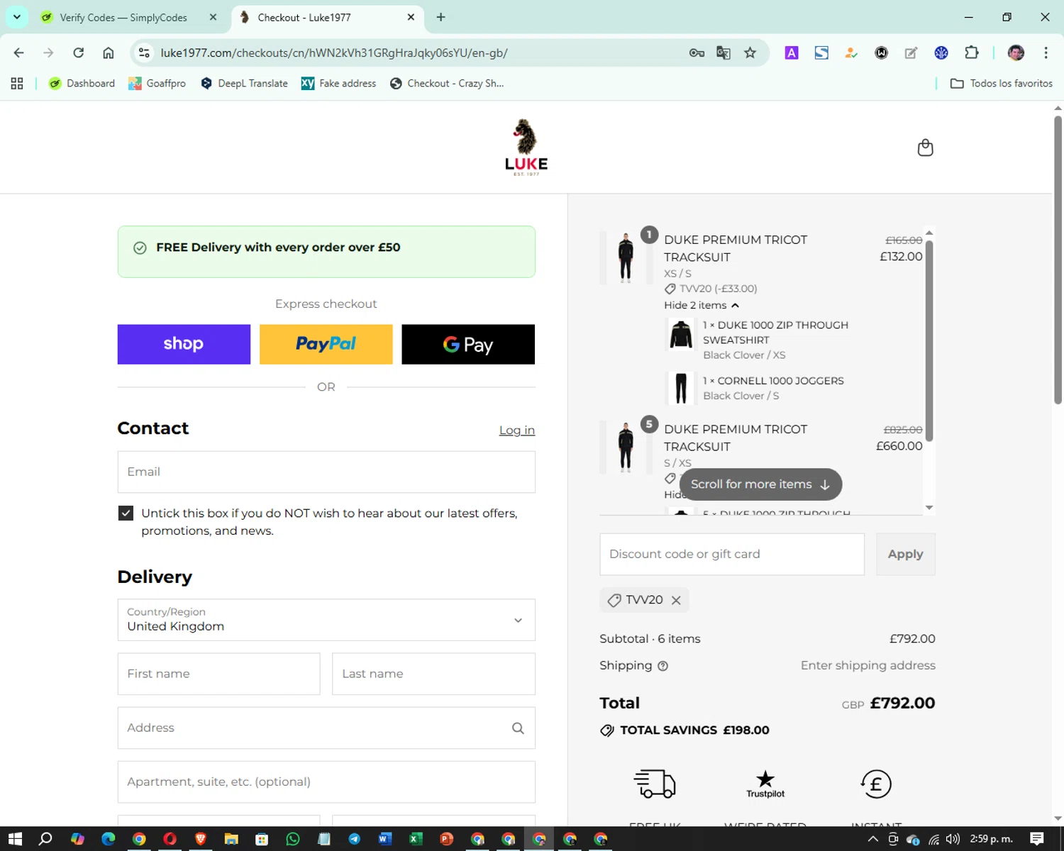 Luke 1977 discount code screenshot showing code TVV20 applied at Luke 1977 checkout page. Uploaded by SimplyCodes community member Oklahoma_City on Sep 8, 2025