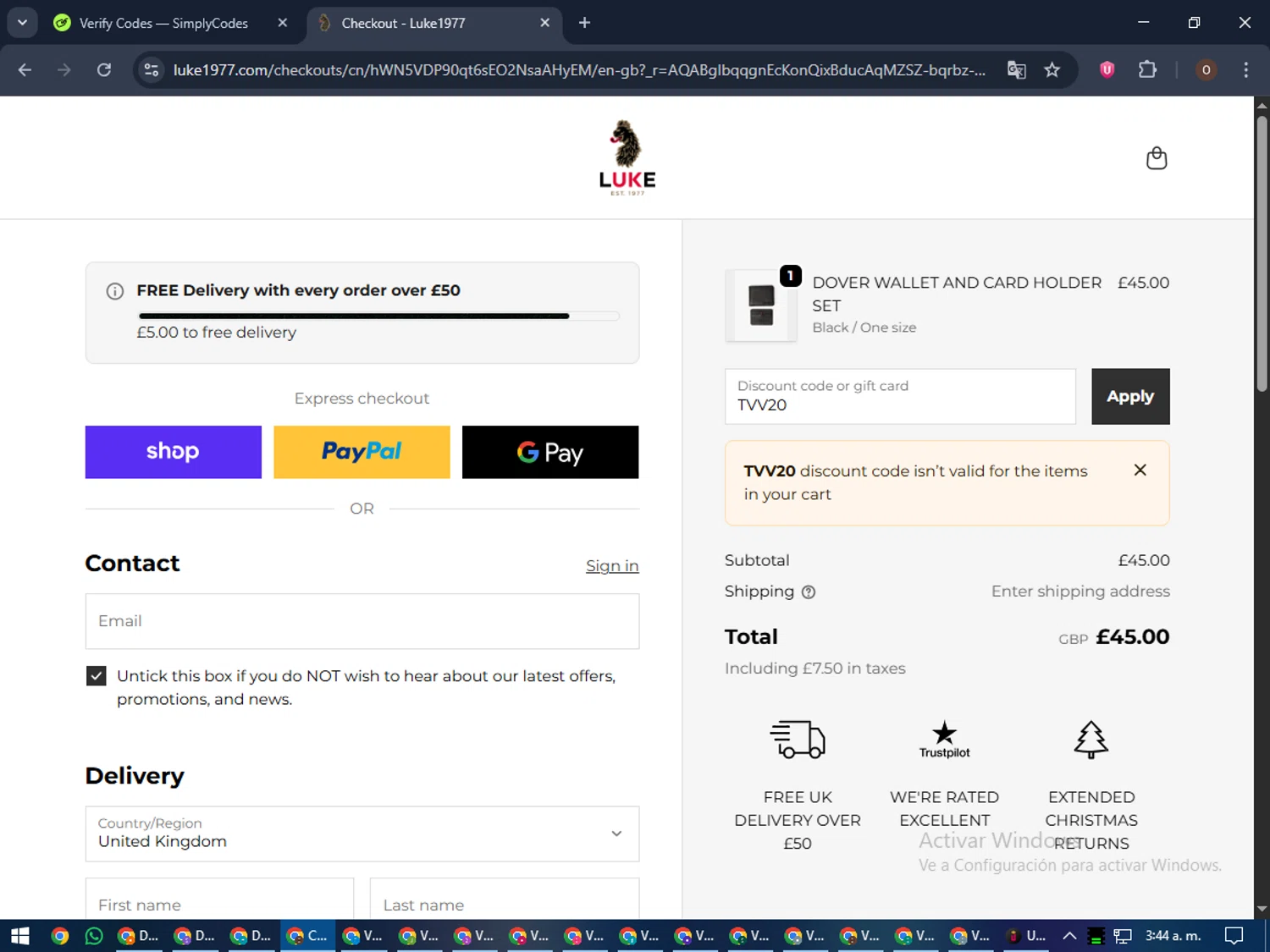 Luke 1977 discount code screenshot showing code TVV20 applied at Luke 1977 checkout page. Uploaded by SimplyCodes community member LegendaryAdmiral8649 on Nov 20, 2025