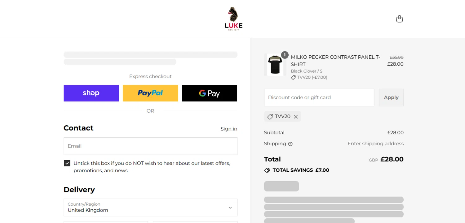 Luke 1977 discount code screenshot showing code TVV20 applied at Luke 1977 checkout page. Uploaded by SimplyCodes community member xHRxUltrax on Sep 17, 2025