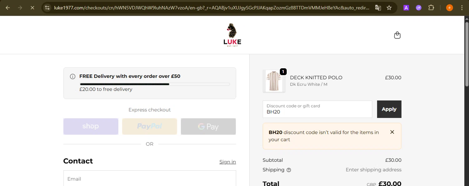 Luke 1977 discount code screenshot showing code BH20 applied at Luke 1977 checkout page. Uploaded by SimplyCodes community member NobleElite1598 on Nov 20, 2025