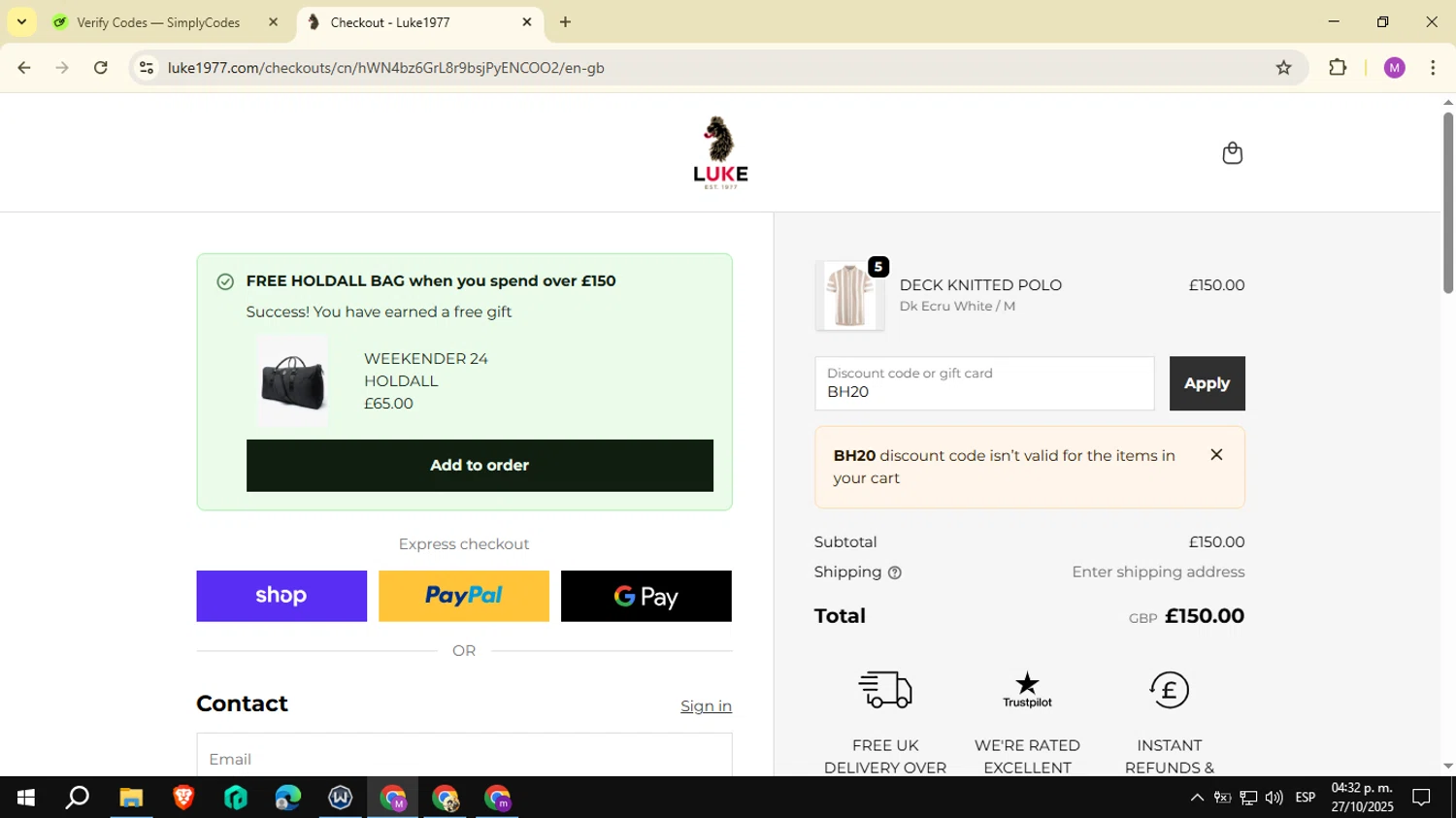 Luke 1977 discount code screenshot showing code BH20 applied at Luke 1977 checkout page. Uploaded by SimplyCodes community member NobleSeeker3177 on Oct 27, 2025