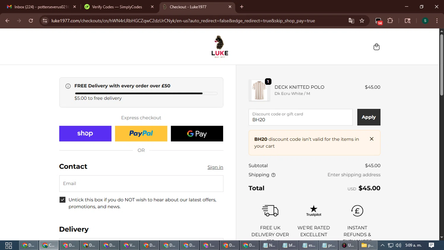 Luke 1977 discount code screenshot showing code BH20 applied at Luke 1977 checkout page. Uploaded by SimplyCodes community member ShrewdAce7935 on Nov 3, 2025