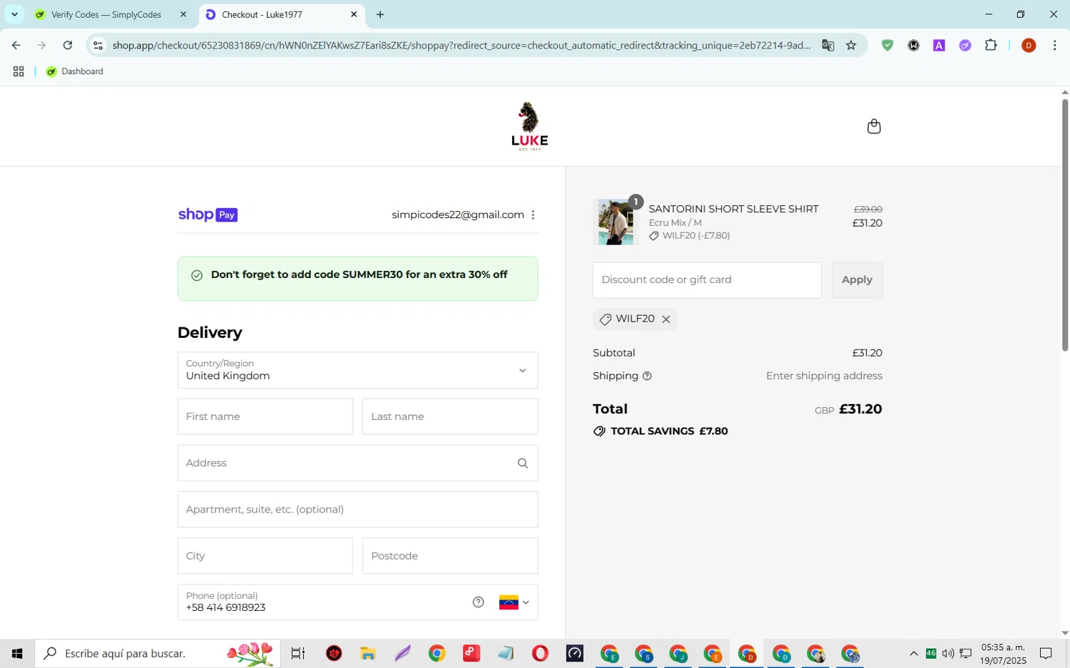 Luke 1977 discount code screenshot showing code WILF20 applied at Luke 1977 checkout page. Uploaded by SimplyCodes community member SaleSaver3540 on Jul 19, 2025