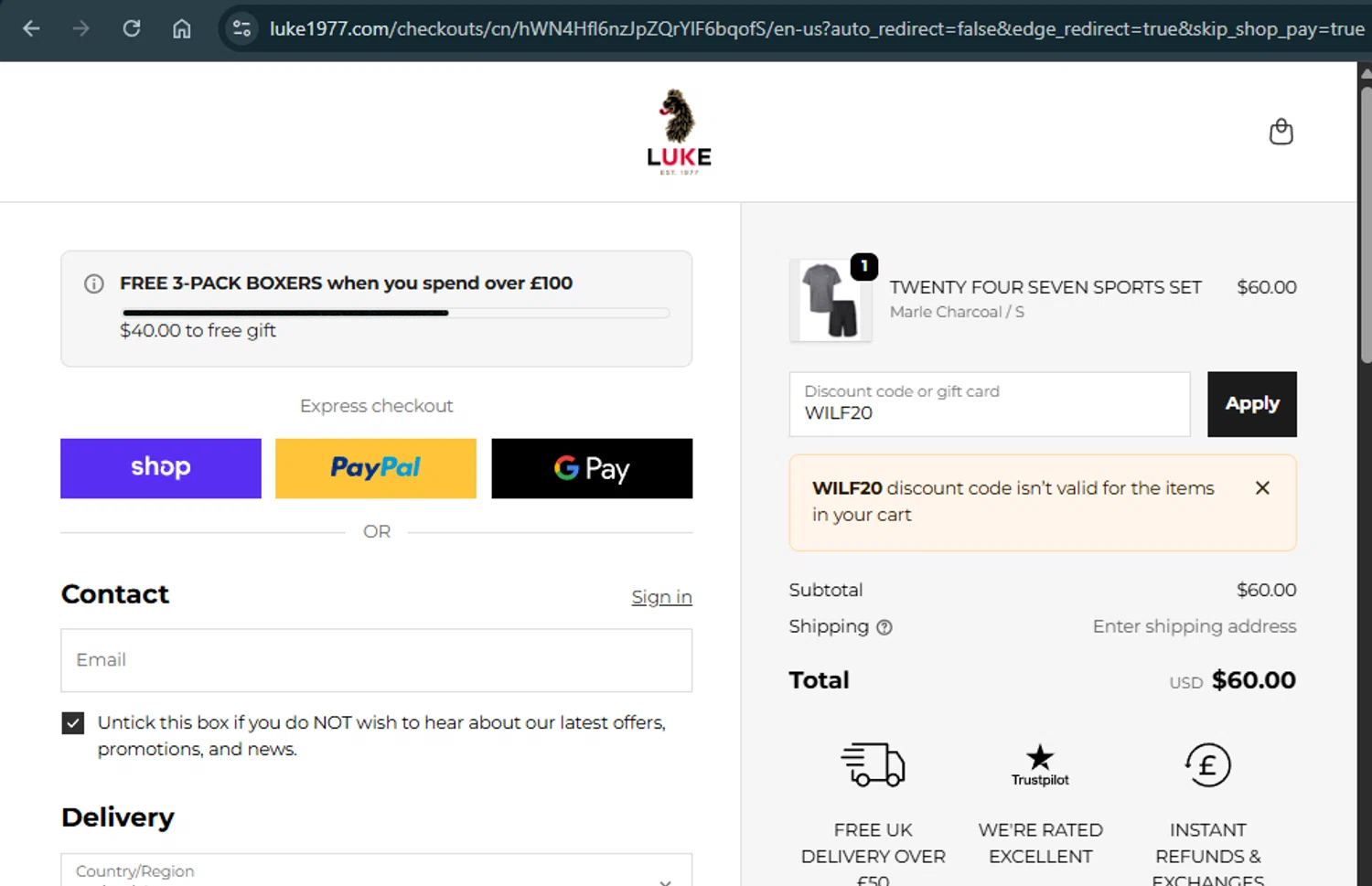 Luke 1977 discount code screenshot showing code WILF20 applied at Luke 1977 checkout page. Uploaded by SimplyCodes community member xAngel on Oct 19, 2025
