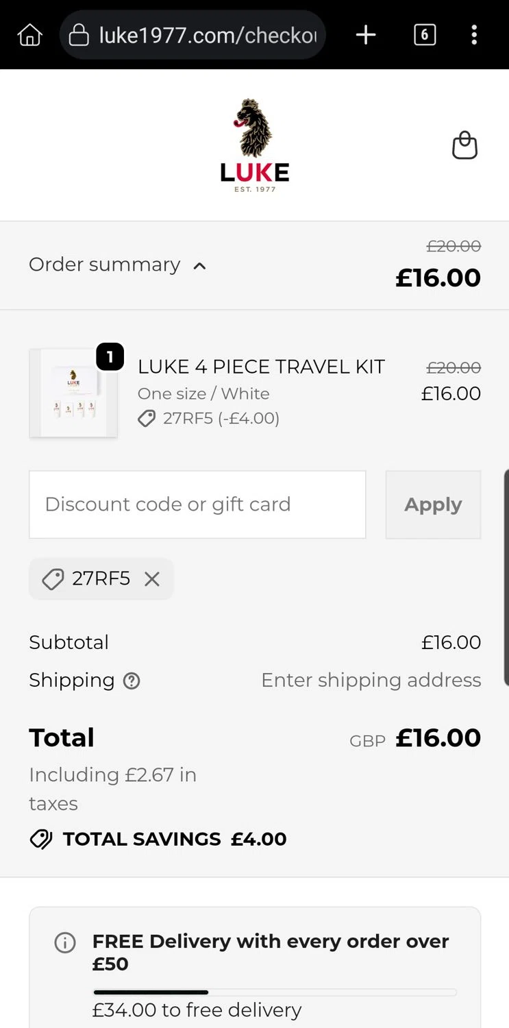 Luke 1977 discount code screenshot showing code 27RF5 applied at Luke 1977 checkout page. Uploaded by SimplyCodes community member Carloslvz on Nov 20, 2025